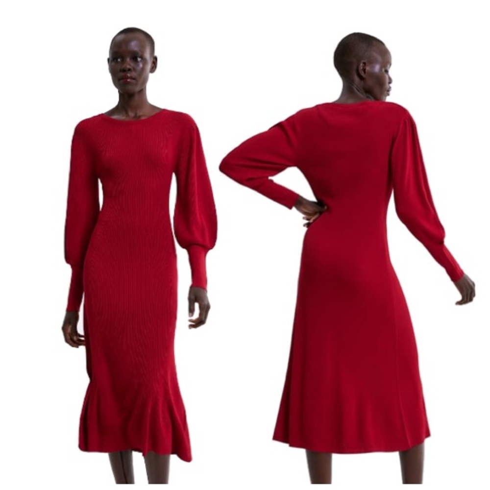 Zara Red Holiday Long Sleeve Knit Midi Dress Princess Kate Middleton